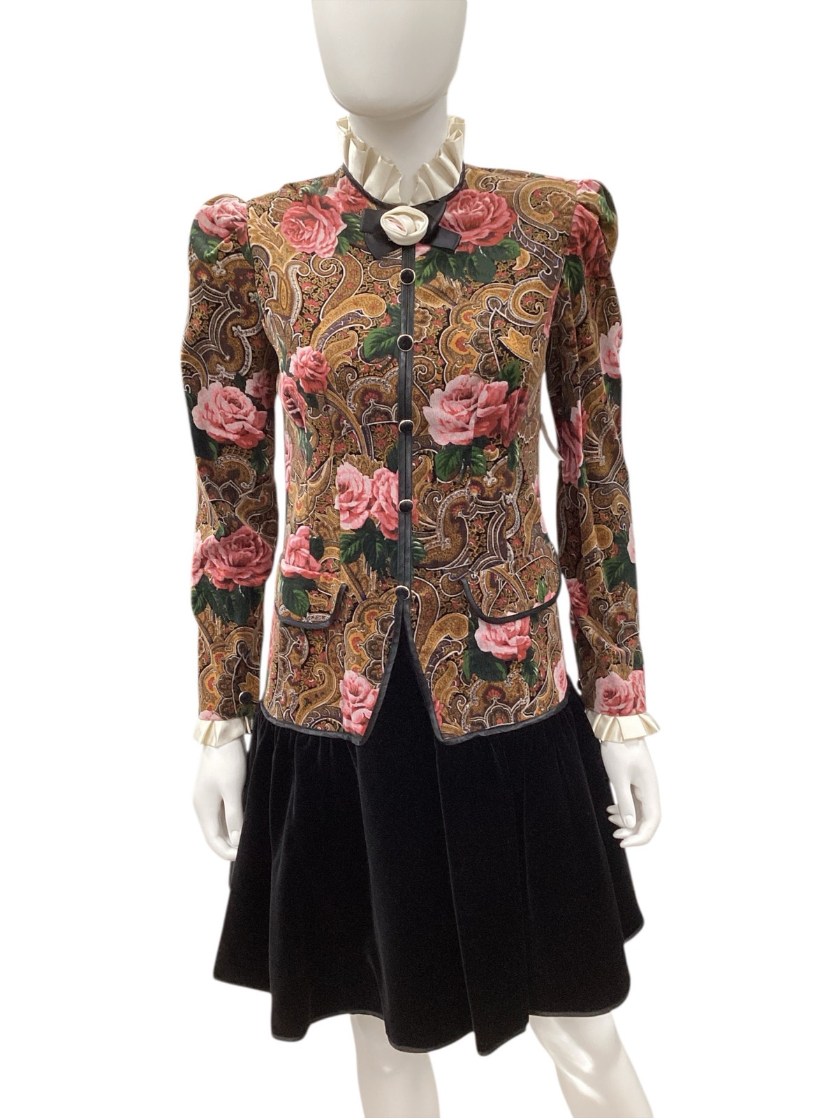 Vtg Dress Womens Sz S Cotton Velvet And Tulle Roses Pattern Black Brown Pink